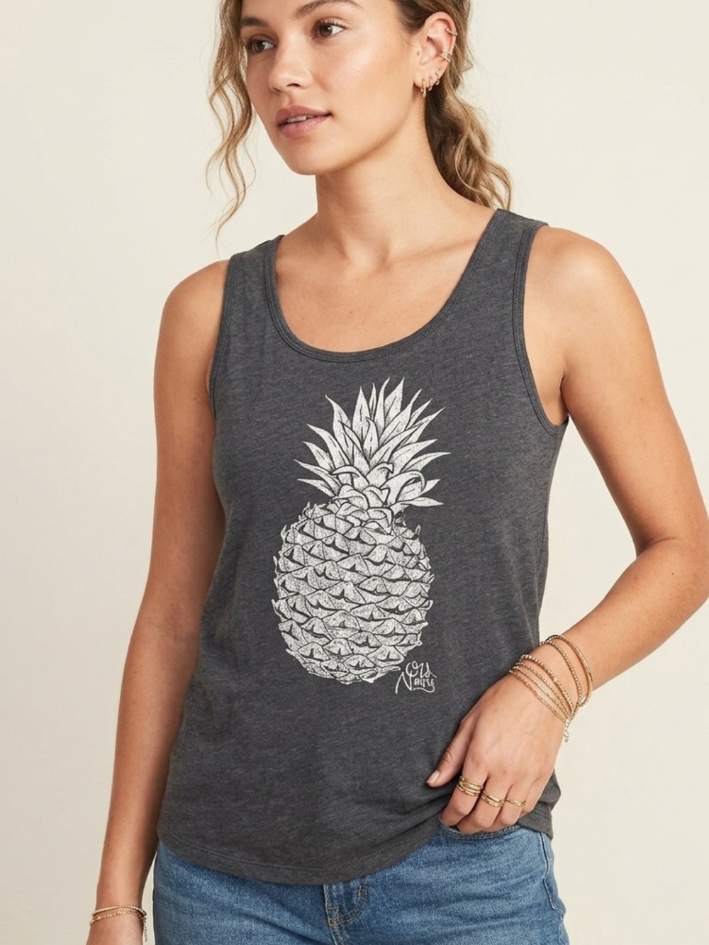 Old Navy Charcoal Pineapple Graphic Tank Top Small Petite